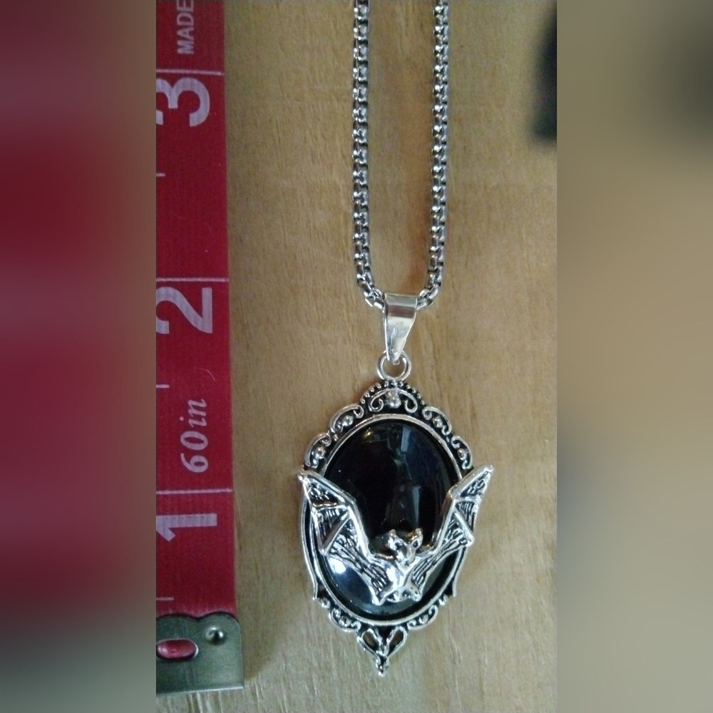 Gothic Silver Bat Pendant Necklace with Black Stone